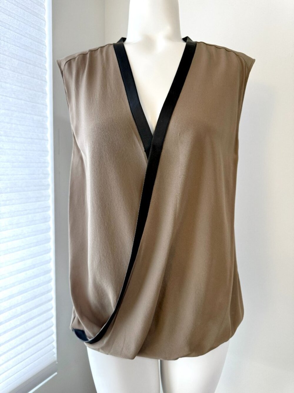 Bailey 44 Beige Tan Cross Body Silk Top with Eco Leather Trim